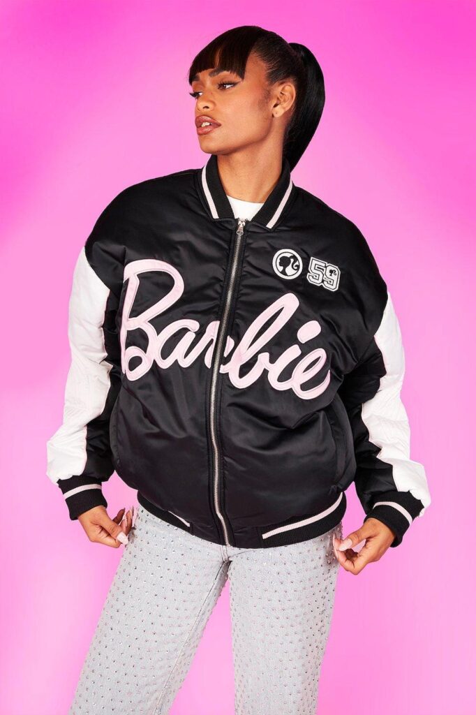 Boohoo x Barbie Printed Varsity Bomber Jacket